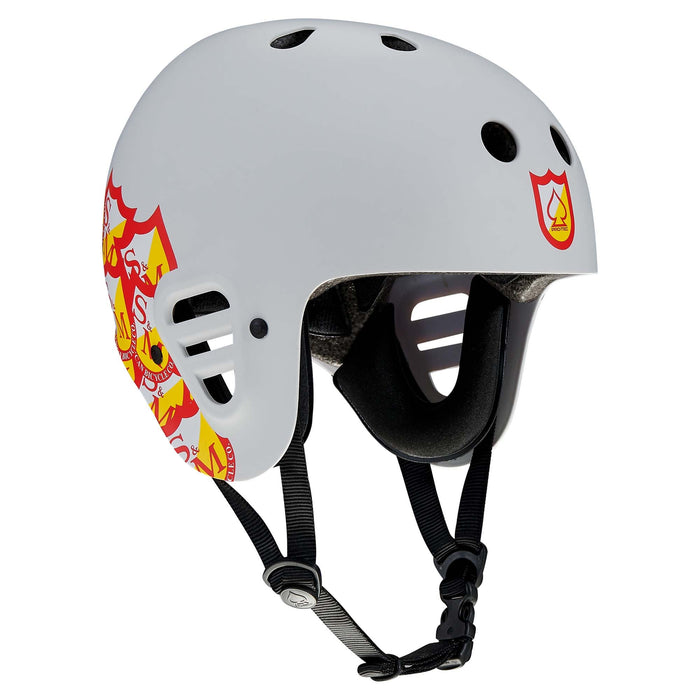 The Protec Full Cut Helmet / S&M Signature Light Grey features a light grey shell with red and yellow decals, black chin straps, and ventilation holes on the top and sides for high-impact protection.