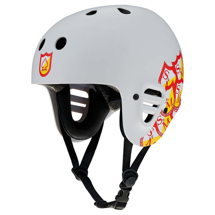 Protec Full Cut Helmet / S&M Signature Light Grey featuring black straps, ventilation holes, and signature S&M graphics on the side, offers high-impact protection for action sports enthusiasts.