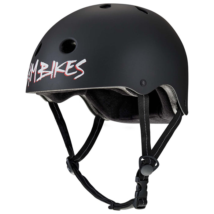 Matte black Protec S&M Low Pro Certified Helmet featuring high-impact ABS protection, ventilation holes, interior foam padding, an adjustable chin strap, and “AM BIKES” text in white and red on the side—a true S&M Signature Matte Black style.