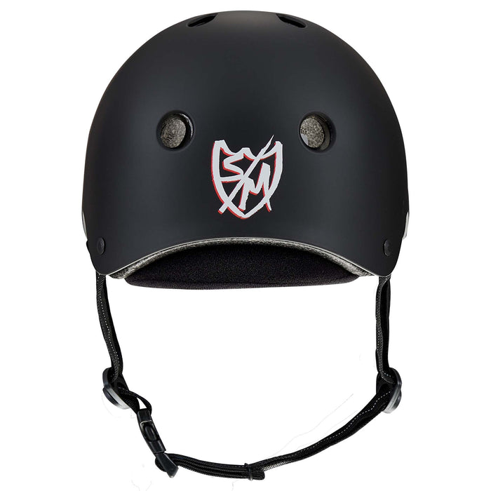 The Protec S&M Low Pro Certified Helmet features a matte black finish, high-impact ABS protection, two air vents, an adjustable chin strap, and a distinctive white and red shield logo on the front. This S&M Signature Matte Black design delivers both style and safety for every ride.