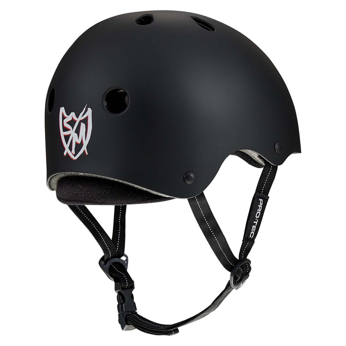 Protec S&M Low Pro Certified Helmet featuring a matte black finish, chin strap, ventilation holes, foam padding, high-impact ABS protection, and a white and red logo on the side.