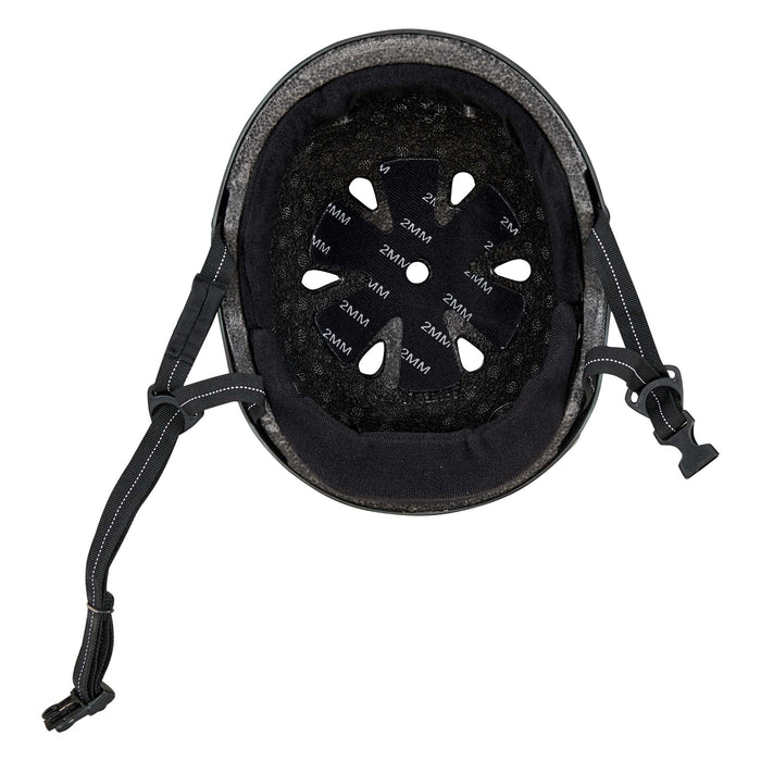 Top view of a Protec S&M Low Pro Certified Helmet in Signature Matte Black, displaying inner padding, ventilation holes, adjustable straps, and secure buckle. This helmet features a high-impact ABS shell for superior protection.