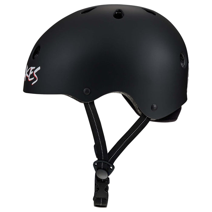 Protec S&M Low Pro Certified Helmet in matte black, featuring ventilation holes, an adjustable chin strap with buckle, and shown from the side on a white background. This helmet provides high-impact ABS protection for enhanced safety and durability.