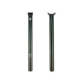 Two Radio Pivotal Seat Posts 25.4mm in black stand upright against a white background, showcasing their durable 6061-T6 alloy construction—one faces forward, the other reveals its curved top.