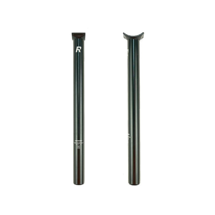 Two Radio Pivotal Seat Posts 25.4mm in black stand upright against a white background, showcasing their durable 6061-T6 alloy construction—one faces forward, the other reveals its curved top.