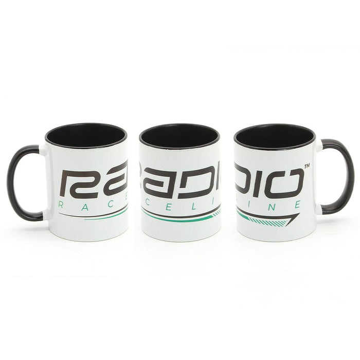 Three 12oz Radio Raceline Coffee Mugs with black handles and interiors are arranged side by side, each showing part of "RACELINE" and a stylized black and teal design—ideal track mugs for racing fans.