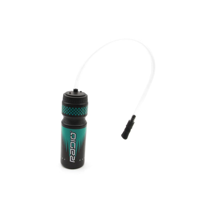 The Radio Raceline Flex Water Bottle is a 700ml black and teal bottle with a long flexible straw, leak-proof bite valve, and the "Radio" Raceline logo on the side.
