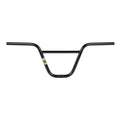 The Rant Sway BMX handlebar in black features a colorful sticker on the left side, offering a 29" width and a subtle back sweep for enhanced control.