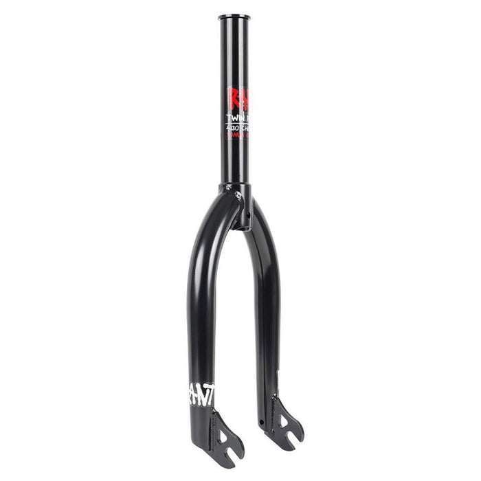 The Rant Twin Peaks 18 Inch Forks are black BMX bike forks with a red logo and white text, crafted from 4130 Chromoly. They feature two prongs and a central tubular section.