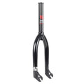 The Rant Twin Peaks 18 Inch Forks are black BMX bike forks with a red logo and white text, crafted from 4130 Chromoly. They feature two prongs and a central tubular section.