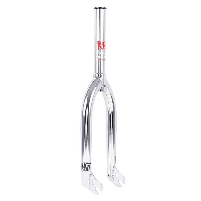 The Rant Twin Peaks 18 Inch Fork is expertly crafted from durable 4130 Chromoly with decals, featuring a chrome finish, threaded steerer tube, and dropout slots for easy wheel attachment.