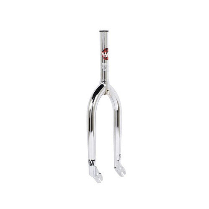 The Rant Twin Peaks 20 Inch Forks feature a chrome 4130 CrMo design with a sleek 30mm offset and are adorned with a logo decal near the top.
