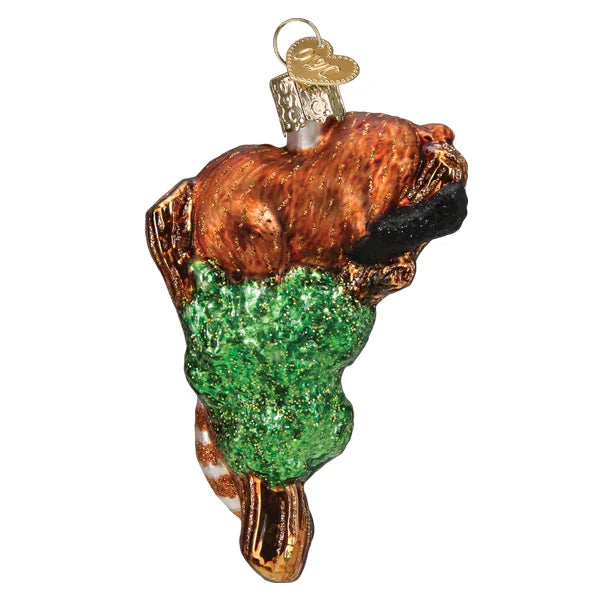 Back of Glitter Covered Red Panda Ornament on Branch