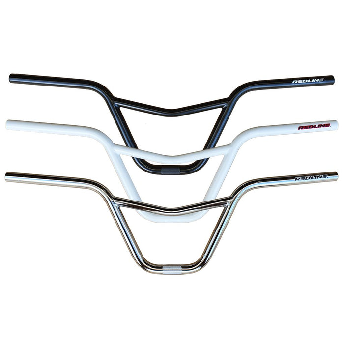 Three Redline Flight V Bars (22.2mm Clamp) BMX handlebars in black, white, and chrome are stacked horizontally, showcasing the prominent “Redline” branding on each. Constructed from durable 4130 chromo and featuring the signature V-Bar Shaped Crossbar, these bars combine classic retro style with modern performance.