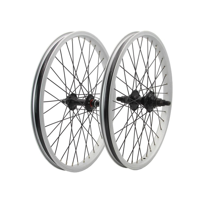 The Redline Pro Wheel Set features black and silver 20" BMX wheels with spokes, displayed side by side on a white background—an affordable option for your next ride.