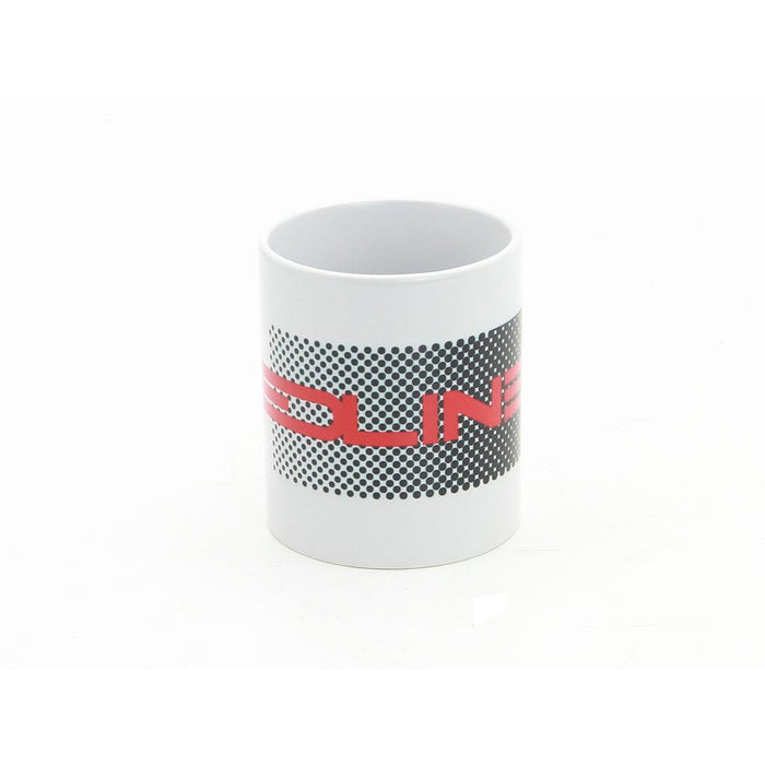 The Redline RL20II Coffee Mug is a 12oz white ceramic mug with a black and white dotted pattern and bold red “Redline” text partially visible across the center.