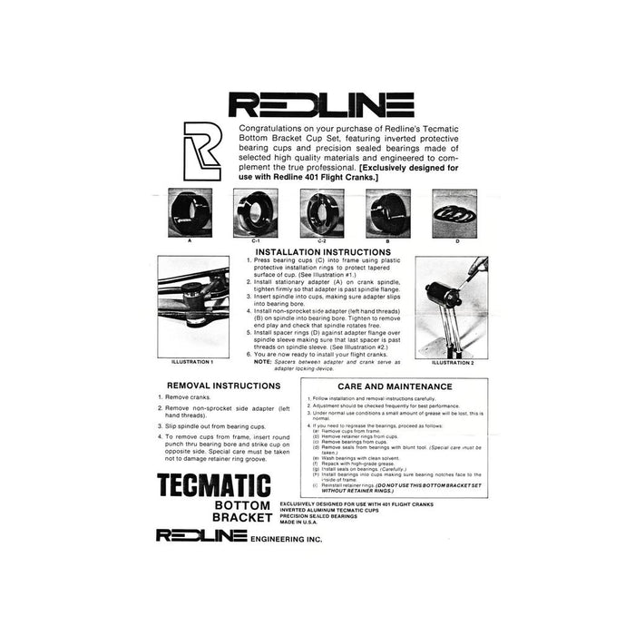 Black-and-white instruction sheet for the Redline Techmatic USA BB Set with product images, installation steps for the 401 Flight Crank, removal instructions, care info, and details on sealed IJK bearings.
