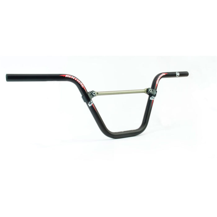 The Renthal Moto 20 Pro BMX Bars feature Renthal branding with a sleek black finish, offering lightweight strength from durable aluminum construction.