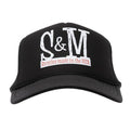 S & M Scratch Tall Trucker Cap: Black mesh-back trucker hat with white “S&M” lettering and a red “Bicycles made in the USA” banner on the front.