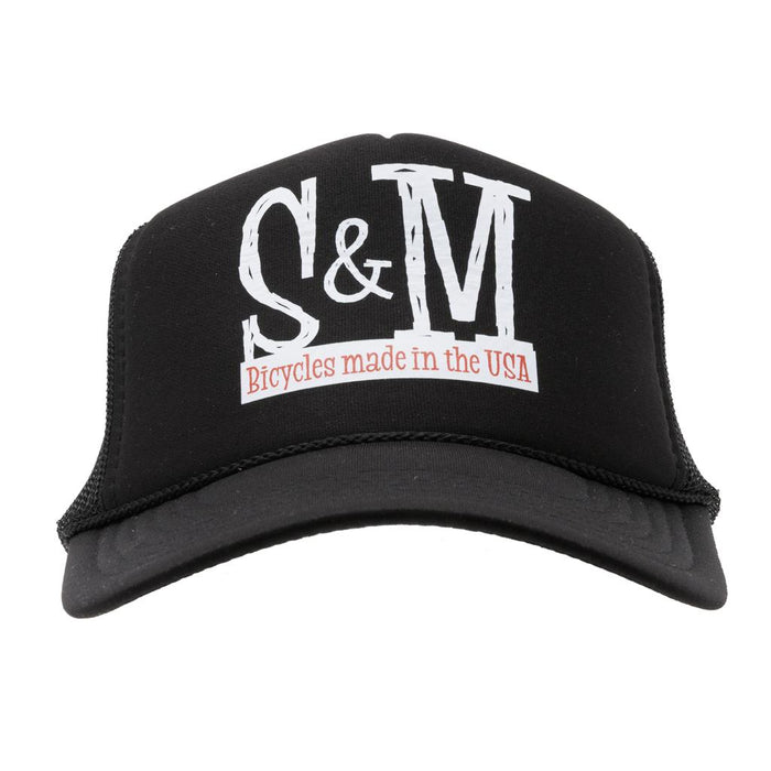 S & M Scratch Tall Trucker Cap: Black mesh-back trucker hat with white “S&M” lettering and a red “Bicycles made in the USA” banner on the front.