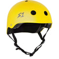 The S-One Helmet Lifer in Yellow Matte, equipped with black adjustable straps and ventilation holes, features a small "S1" logo on the side, delivering excellent head protection.