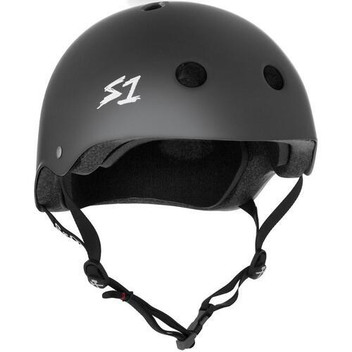 The S-One Helmet Mega Lifer Dark Grey Matte features ventilation holes, adjustable straps, a white S1 logo on the side, and is Australian-certified for high-impact protection.
