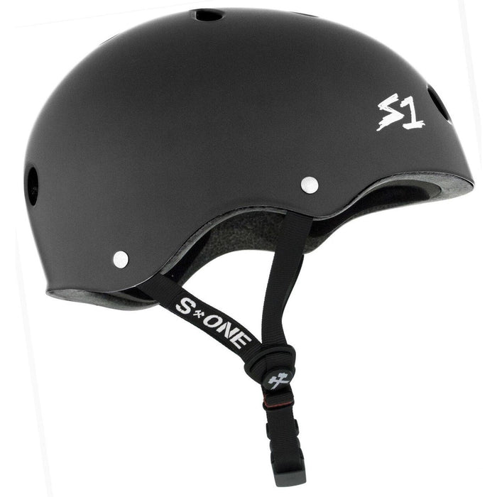 The S-One Helmet Mega Lifer Dark Grey Matte features ventilation holes, a matte finish, and an adjustable chin strap for high-impact protection and comfort.