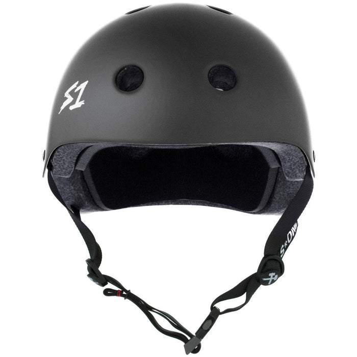 A dark grey matte S-One Helmet Mega Lifer with ventilation holes, "S1" side logo, adjustable chin strap, and Australian-certified high-impact protection.