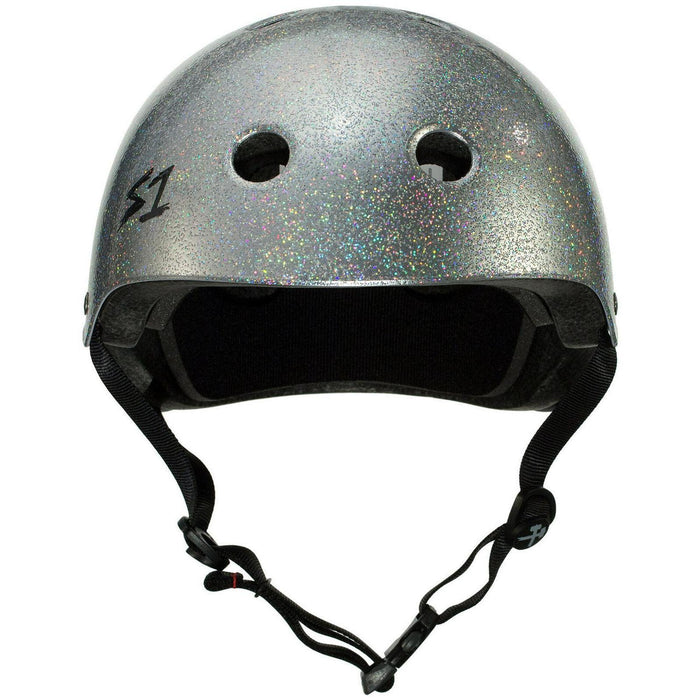 The S-One Helmet Mega Lifer in Silver Glitter features EPS Fusion Foam for multi-impact protection, ventilation holes, black interior padding, and an adjustable chin strap.