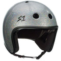 A silver multi-impact helmet with a glittery finish, featuring ventilation holes, soft interior padding, and an adjustable chin strap. The S-One Helmet Retro Lifer Silver Gloss Glitter boasts high-impact protection and a stylish "S1" logo on the side.