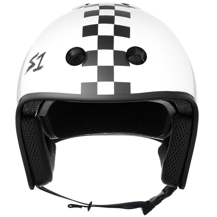 The S-One Helmet Retro Lifer White Gloss/Black Checkers features a sleek white design with a black checkered pattern down the center, complemented by black interior padding and an adjustable strap. This high-impact, multi-impact helmet is also Australian-certified for your safety.