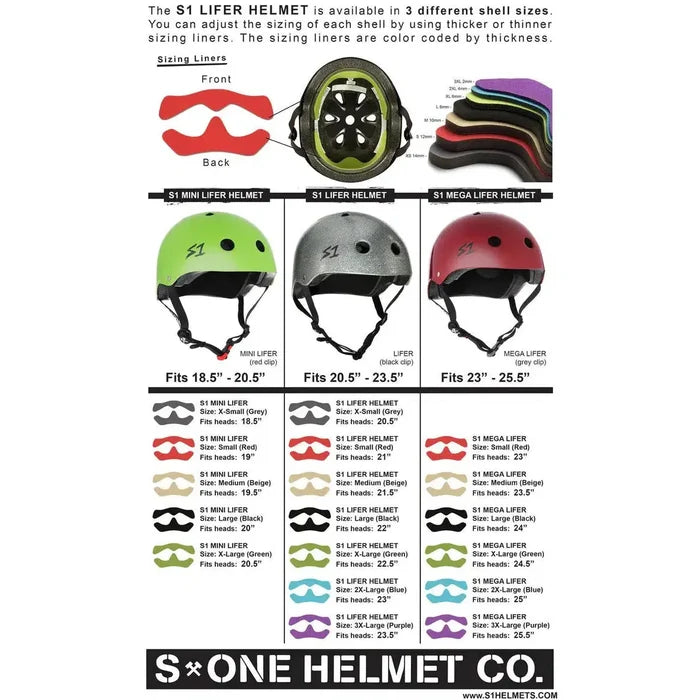 Infographic detailing the S-One Lifer Helmet / Light Grey, available in 3 shell sizes with adjustable liners. Showcases helmet angle views, sizing chart, and liner thickness options color-coded in varied sizes and colors. Includes information on free sizing kits for a perfect fit and multiple impact protection.