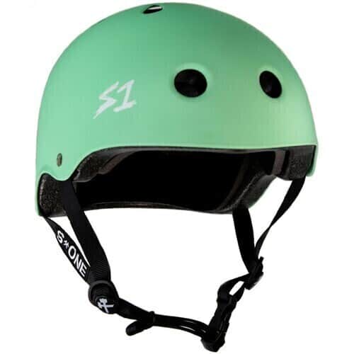 The S-One Lifer Helmet in Mint Green Matte features ventilation holes, multi-impact protection, and an adjustable black chin strap—delivering certified safety and style for skaters.