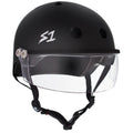 S-One Lifer Visor Helmet in matte black features a clear visor, an adjustable black chin strap, three vents for airflow, and a white "S1" logo on the front left. This ASTM certified helmet delivers exceptional protection and style for skateboarders.