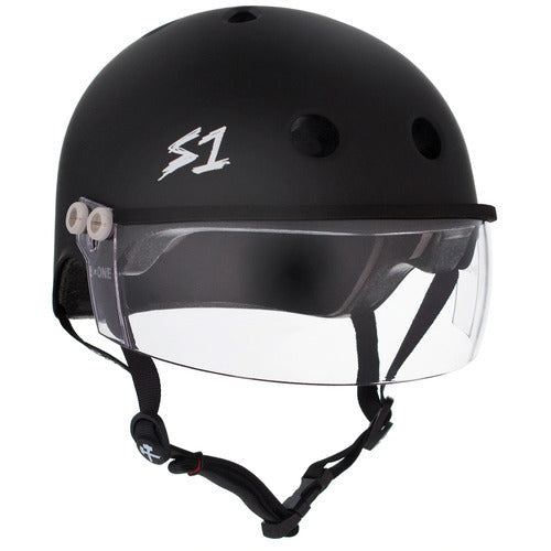 S-One Lifer Visor Helmet in matte black features a clear visor, an adjustable black chin strap, three vents for airflow, and a white "S1" logo on the front left. This ASTM certified helmet delivers exceptional protection and style for skateboarders.