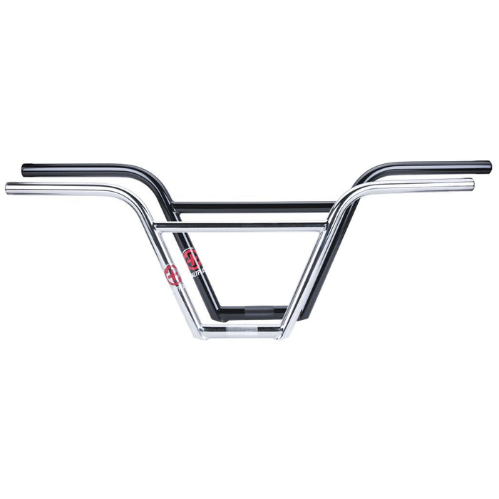 Two Salt Plus HQ 4 Piece Bars (22.2mm Clamp)—one in chrome and one in black—are stacked together and displayed against a white background. Both handlebars feature a four-piece chromoly construction, offering durability with classic BMX style.