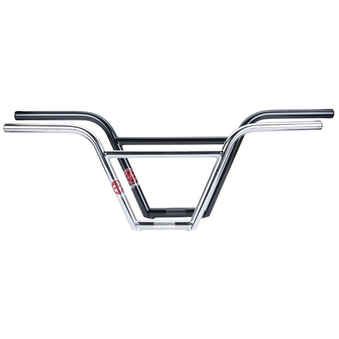 Two Salt Plus HQ 4 Piece Bars (22.2mm Clamp)—one in black and one in chrome chromoly—are stacked together against a white background, displaying their distinctive shape and design.
