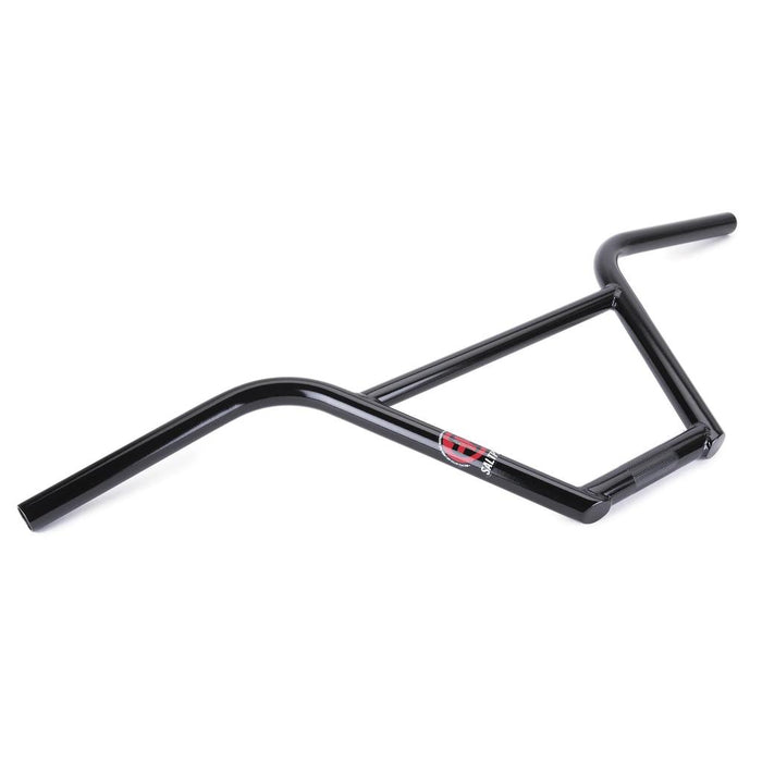 Salt Plus HQ 4 Piece Bars (22.2mm Clamp) — a black metal BMX handlebar featuring a distinctive angular 4-piece design, crafted from durable chromoly steel with a red and white logo on the front section, shown on a white background.