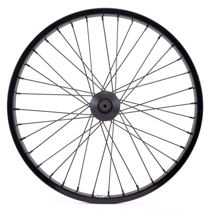 A Saltplus Summit 18 Inch Front Wheel, featuring a black bicycle wheel with spokes, street rim and pro sealed front hub.