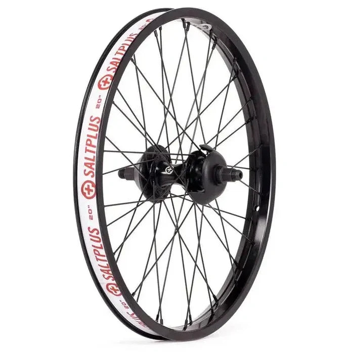 The Saltplus Summit 20 Inch Cassette Rear Wheel is a black bicycle wheel with red and white "SaltPlus" branding on the street rim.