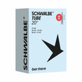 A box of the Schwalbe SV7-EL Presta Valve 20 x 1.5-2.35 Inch Inner Tube displays product details and an illustration highlighting the 20-inch presta valve tube, with the “Get there” slogan on a light blue background.