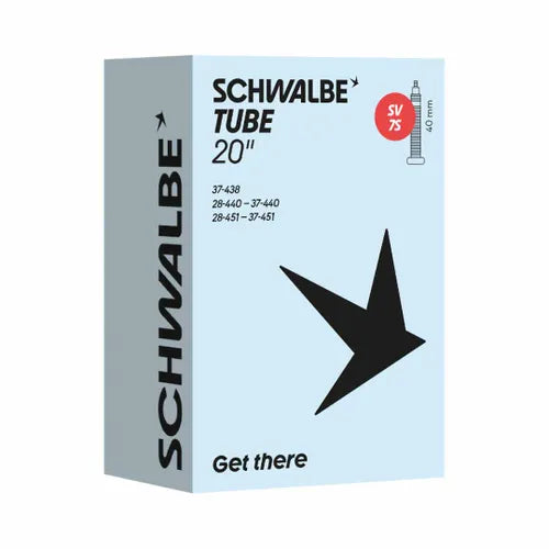 A box of the Schwalbe SV7-EL Presta Valve 20 x 1.5-2.35 Inch Inner Tube displays product details and an illustration highlighting the 20-inch presta valve tube, with the “Get there” slogan on a light blue background.