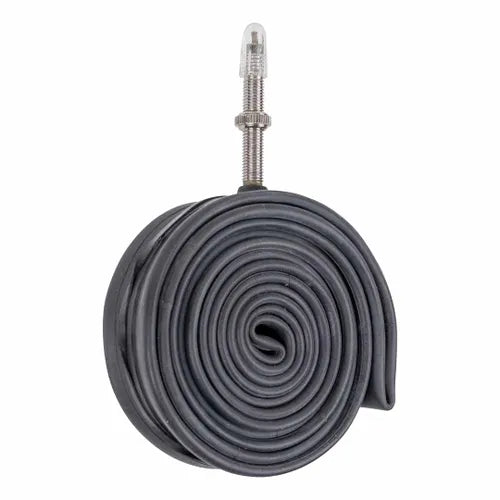 A rolled-up Schwalbe SV7-EL Presta Valve 20 x 1.5-2.35 Inch Inner Tube, extra light in black with a metal presta valve stem extending from the center, is shown against a white background—ideal for performance-focused riders seeking a high-quality 20 inch bike tube.