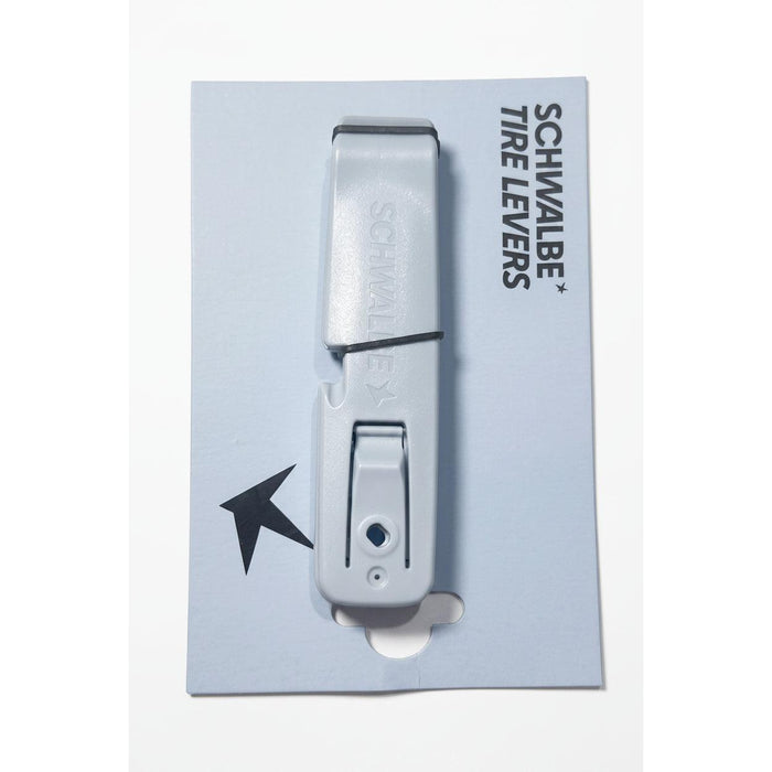 A package of Schwalbe Tire Levers, consisting of two blue plastic levers stacked together on a branded backing card—an essential tool for effortless bicycle tire removal.