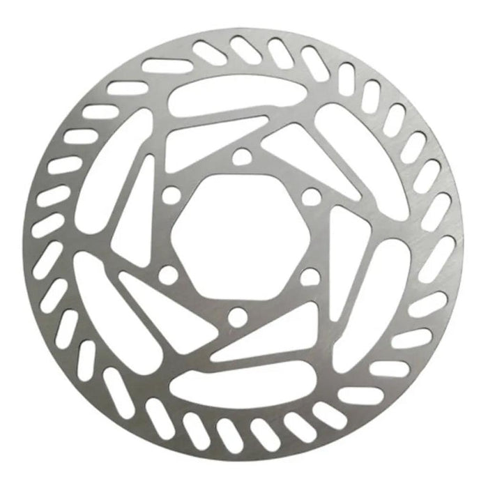 The SD Salvo 120mm Disc Rotor, featuring a geometric cutout pattern and six mounting holes, is displayed against a white background to showcase its modern design.