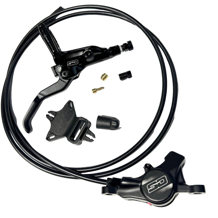 SD Salvo Post Mount Disk Brake Kit in black, shown with lever, caliper, hose, fittings, and mounting bracket on a white background—perfect for upgrading your BMX racing bike or Meybo HSX.