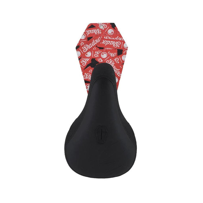 The Shadow Crow'd Pivotal Seat is a black bike seat with a synthetic leather cover and a red-and-white "Shadow" graphic on the rear.