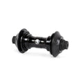 The Shadow Symbol Front Hub features a black finish, flange design for spoke attachment, bolt-on axle, and sealed bearings, shown against a white background.