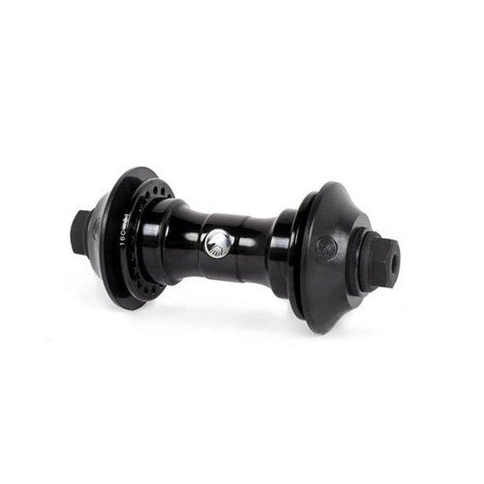 The Shadow Symbol Front Hub features a black finish, flange design for spoke attachment, bolt-on axle, and sealed bearings, shown against a white background.