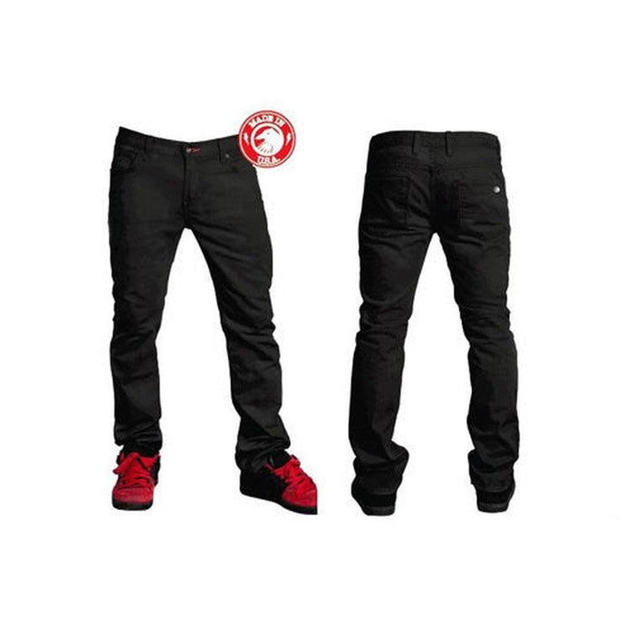 Front and back view of Shadow Vultus Skinny Jeans worn by a person with red and black shoes. "Made in USA" logo is visible in the top left corner.